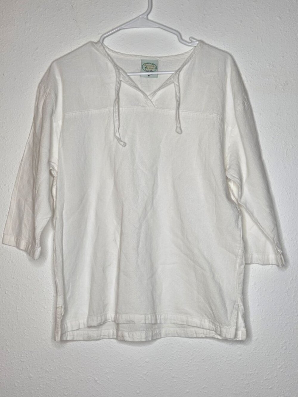 Drawstrings of Malibu 100% Cotton Popover Split Neck Tunic Top White Small